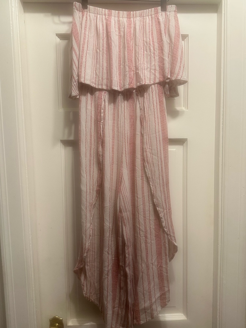 audrey Off-Shoulder Striped Jumpsuit in Pink and White